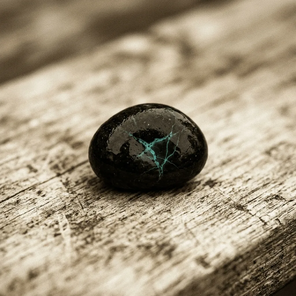 Caillou noir lisse trouvé par Aurélie, veinure cyan à peine visible à l'intérieur, posé sur surface en bois clair