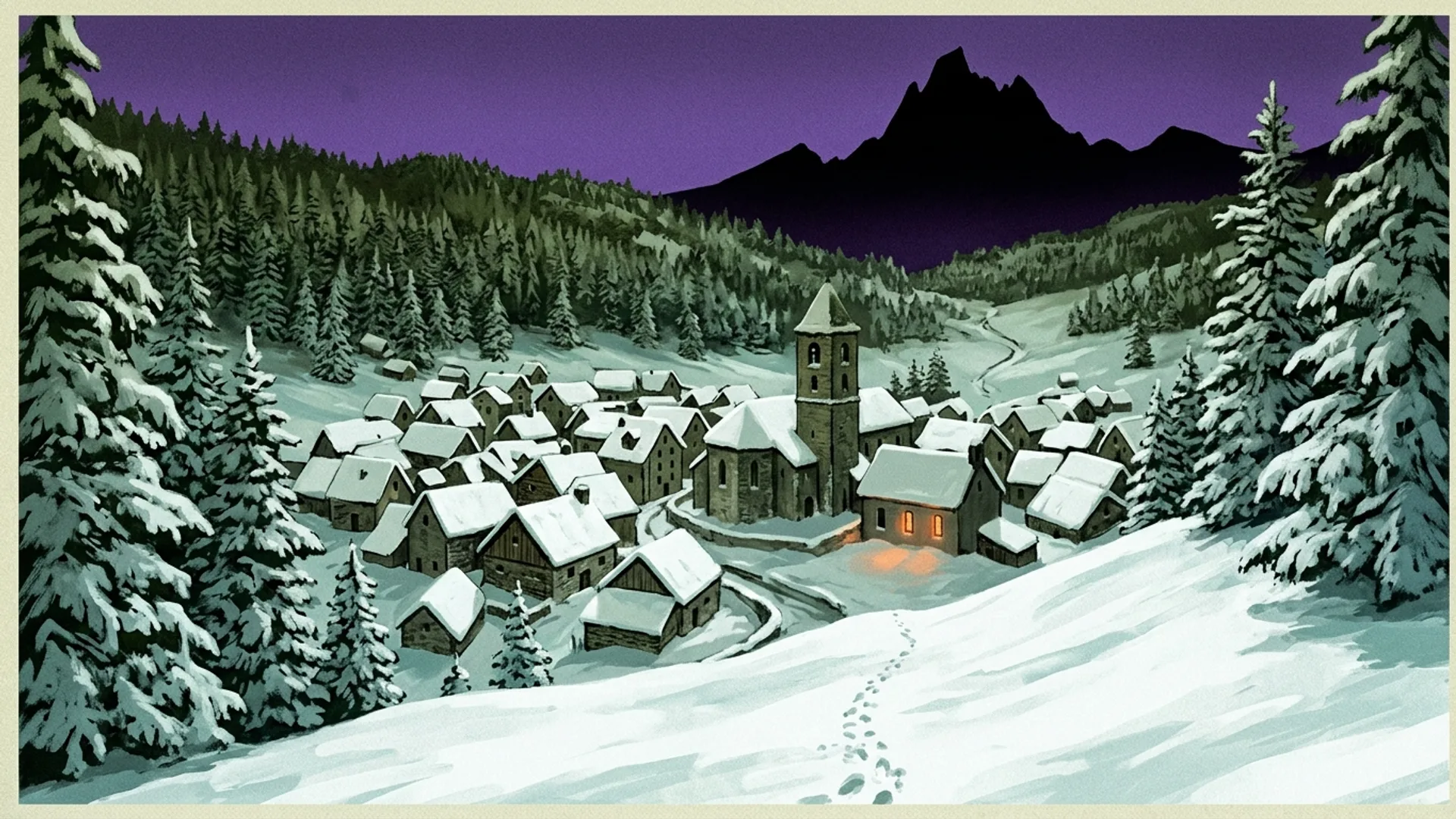 Hameau pyrénéen sous la neige vu d'en haut, trente-deux maisons fermées, clocher d'église, ciel violet anormal, mont Cagire en pic noir au loin