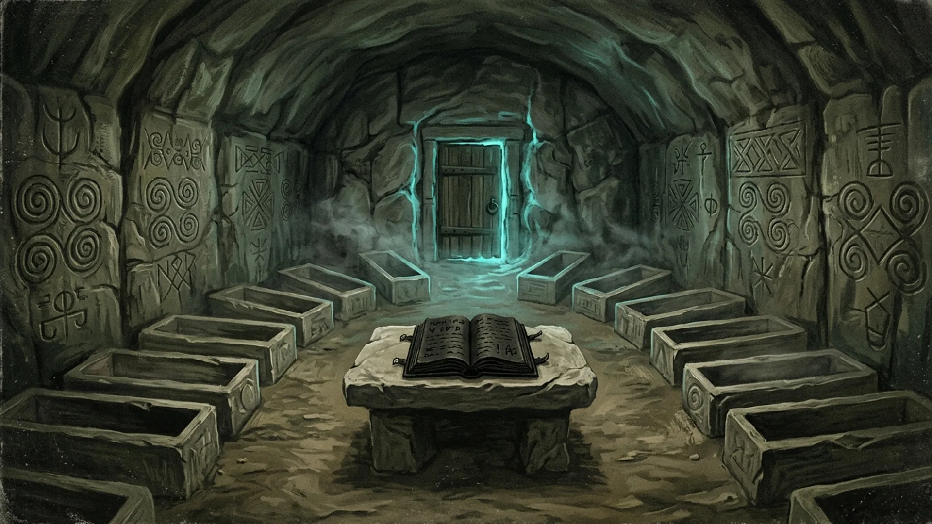 Intérieur de la chapelle wisigothe taillée dans la roche, voûte basse, spirales gravées sur les murs, autel central avec Livre des Souffles Noirs ouvert, douze sarcophages vides en cercle, Porte au fond avec lueur cyan