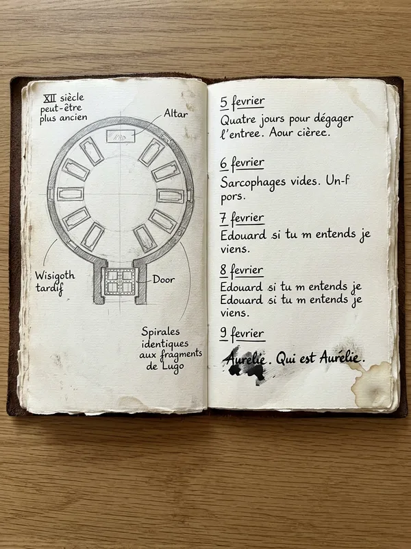 Carnet d'archéologue d'Augustine ouvert sur double page, croquis détaillé de la chapelle wisigothe à gauche, notes au stylo plume du 5 au 9 février à droite, mention finale Qui est Aurélie