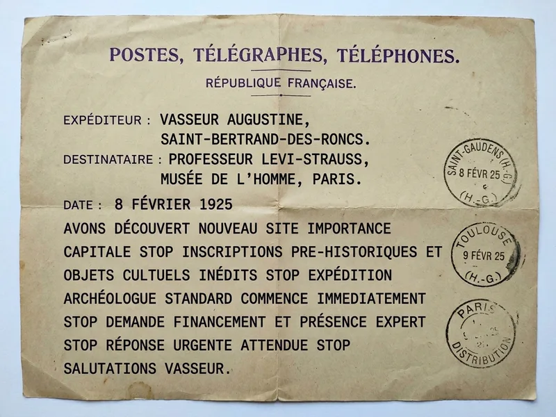 Télégramme officiel des PTT du 8 février 1925, papier kraft beige, dactylographie violette, expédié par Augustine Vasseur depuis Saint-Bertrand-des-Roncs