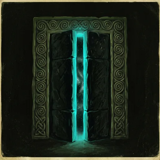 Porte de pierre noire entrebâillée, gravures wisigothes, fente cyan vibrante au milieu, étoiles inconnues à peine visibles