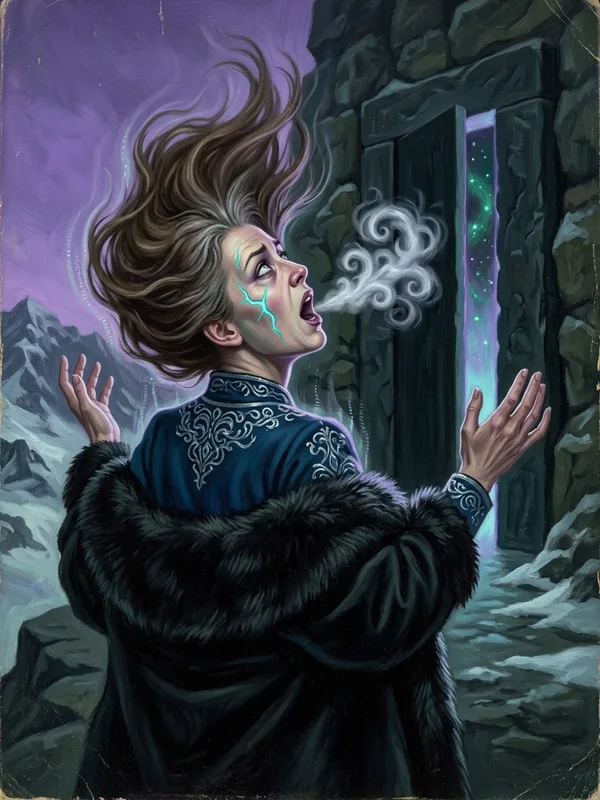 Augustine Vasseur en transe finale au sommet, robe rituelle bleu nuit brodée d'argent, cicatrice cosmique cyan luminescente sur la joue, cheveux soulevés par un vent surnaturel, bouche ouverte chantant