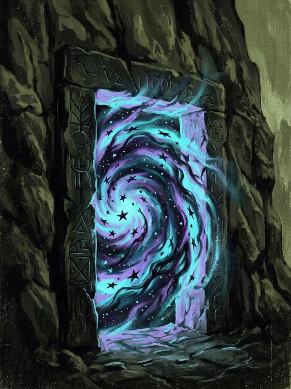 Esprit Pré-Cosmique partiellement franchi, vortex d'étoiles inversées sur fond noir, aura cyan-violet vibrante, sortant à mi-corps de la fente de la Porte