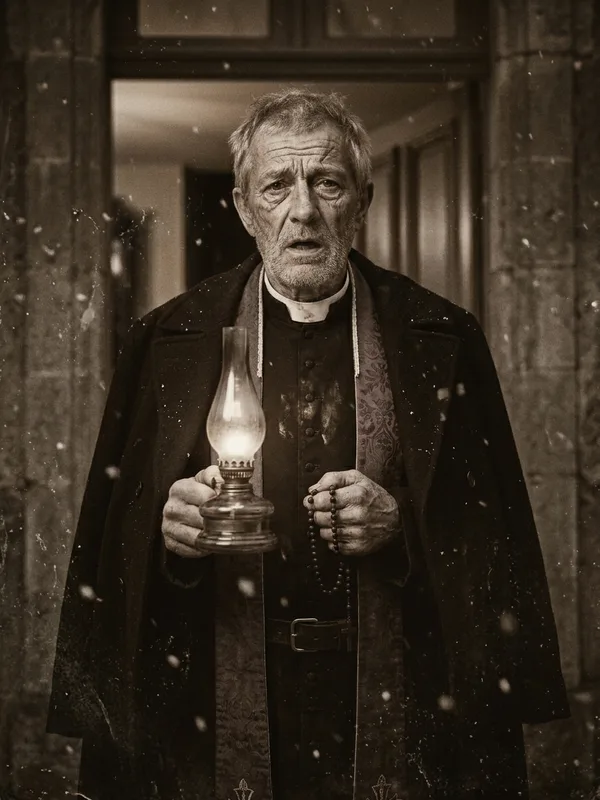 Père Doazan, curé pyrénéen de 60 ans, soutane noire usée, étole violette, yeux rouges et gonflés, lampe à huile à la main sur le seuil enneigé du presbytère
