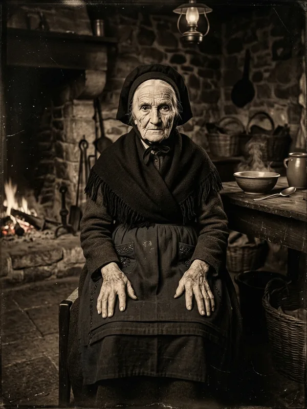 Vieille Manou, ancienne du hameau de 95 ans, visage parcheminé creusé de rides, yeux noirs vifs, coiffe noire, tablier brodé, chapelet en main