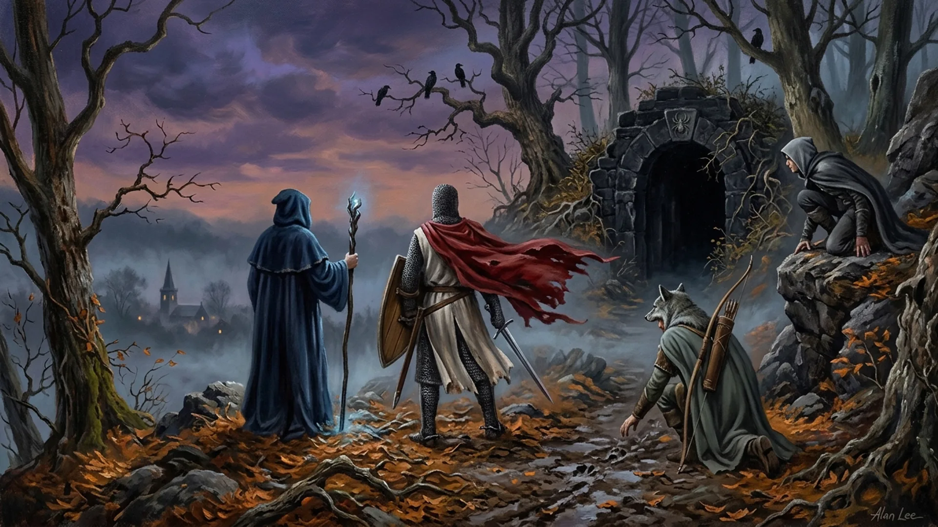 Quatre aventuriers silhouettés au crépuscule devant l'arche noire de la Crypte du Roi Lothaire, brouillard d'automne et feuilles mortes