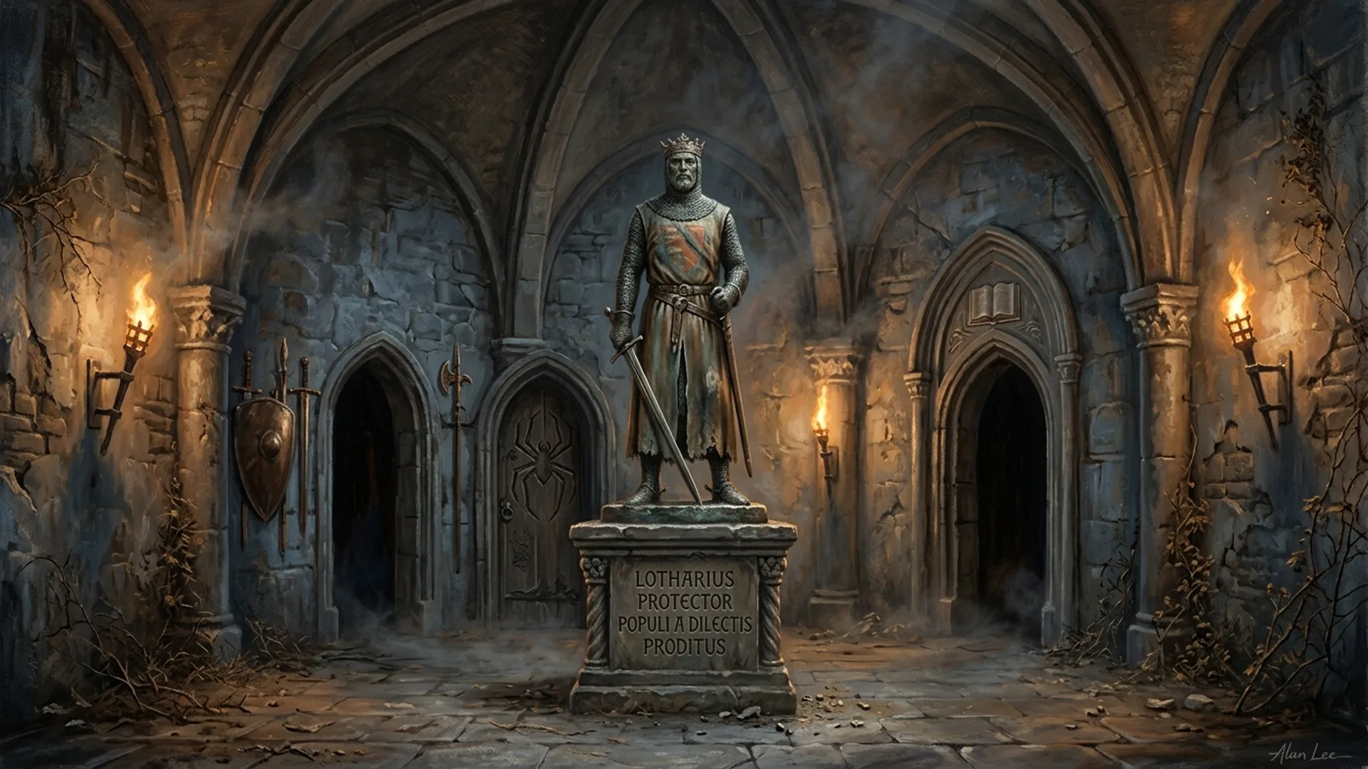 Antichambre voûtée de la crypte, statue grandeur nature du Roi Lothaire en armure tenant son épée pointe vers le sol, trois portes ogivales et torches murales