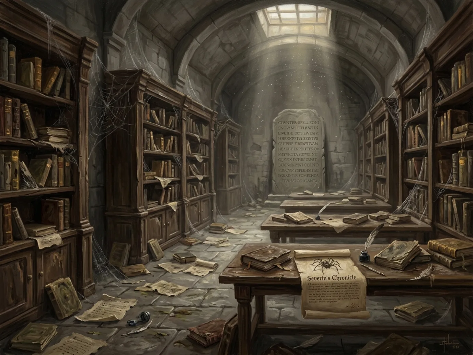 Bibliothèque effondrée de la crypte, étagères en bois sombre brisées, parchemins moisis au sol, tablette de pierre gravée d'un contre-sort latin au fond
