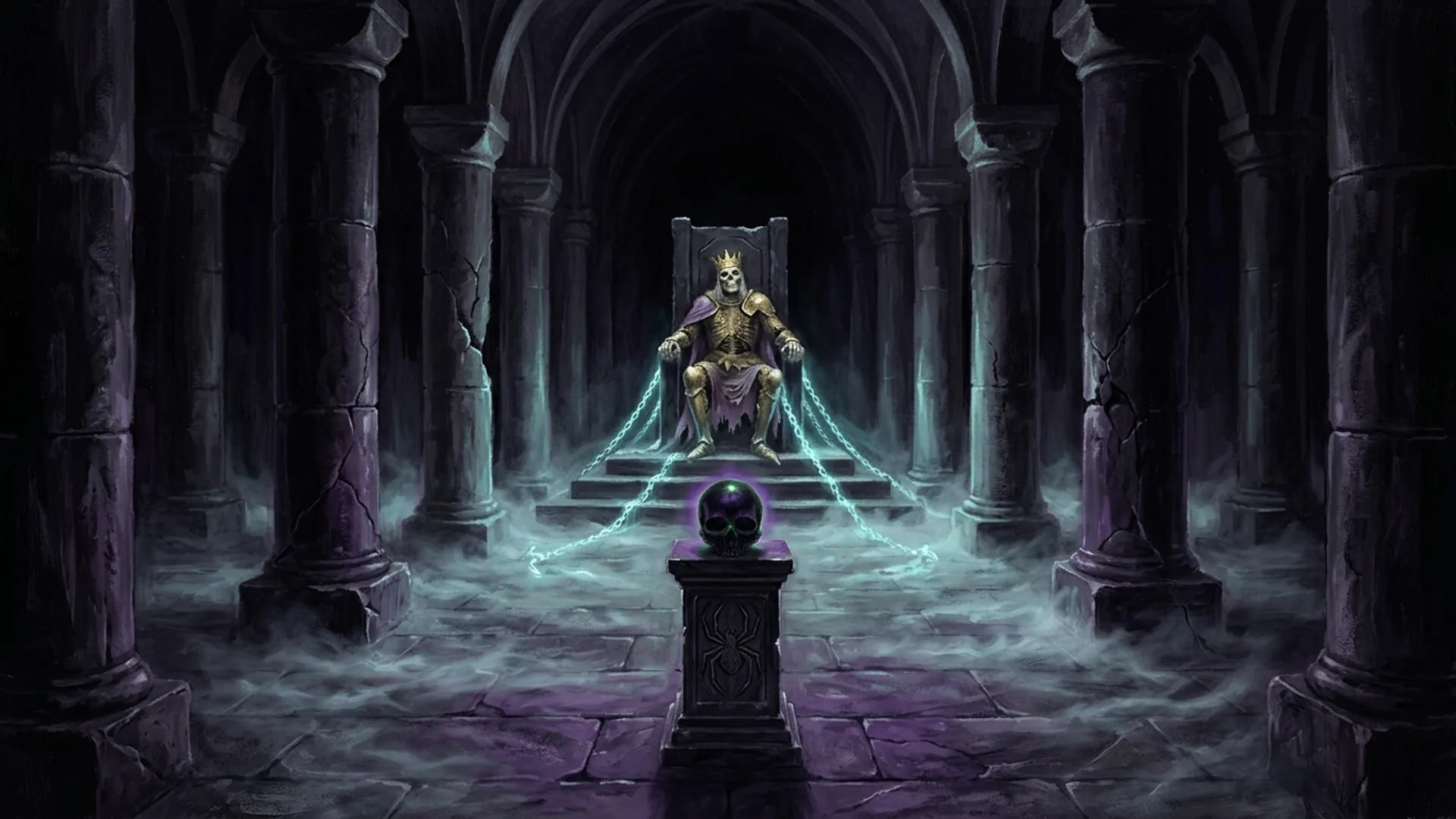 Salle du trône climax, colonnes brisées en pierre noire, trône où repose le squelette couronné de Lothaire, orbe noir pulsant sur piédestal et chaînes spectrales cyan