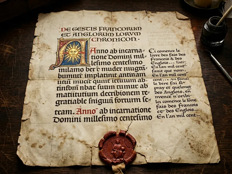 Parchemin de chronique latine déroulé, calligraphie gothique, lettre A initiale enluminée d'un soleil rayonnant, traduction française tracée en marge