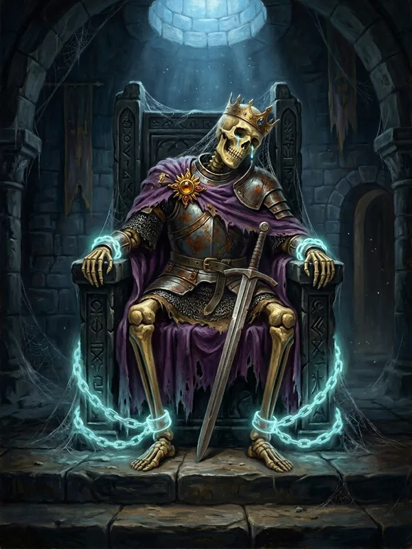 Squelette du Roi Lothaire couronné assis sur le trône de pierre noire, armure de plates bruniée, cape pourpre fanée, chaînes spectrales cyan autour des chevilles