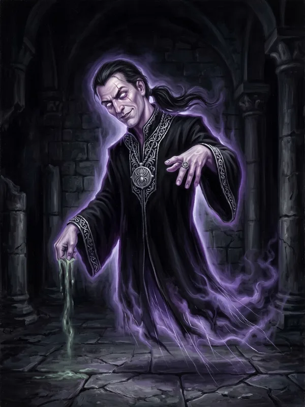 Séverin conseiller fantôme translucide, robe noire brodée d'argent, médaillon araignée sur la poitrine, lueur violette et volutes de fumée