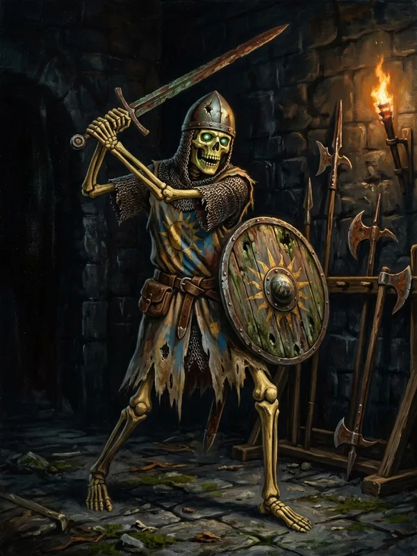 Squelette gardien en haubert rouillé, lueur verdâtre dans les orbites, épée à deux mains dressée, blason solaire effacé sur le surcot