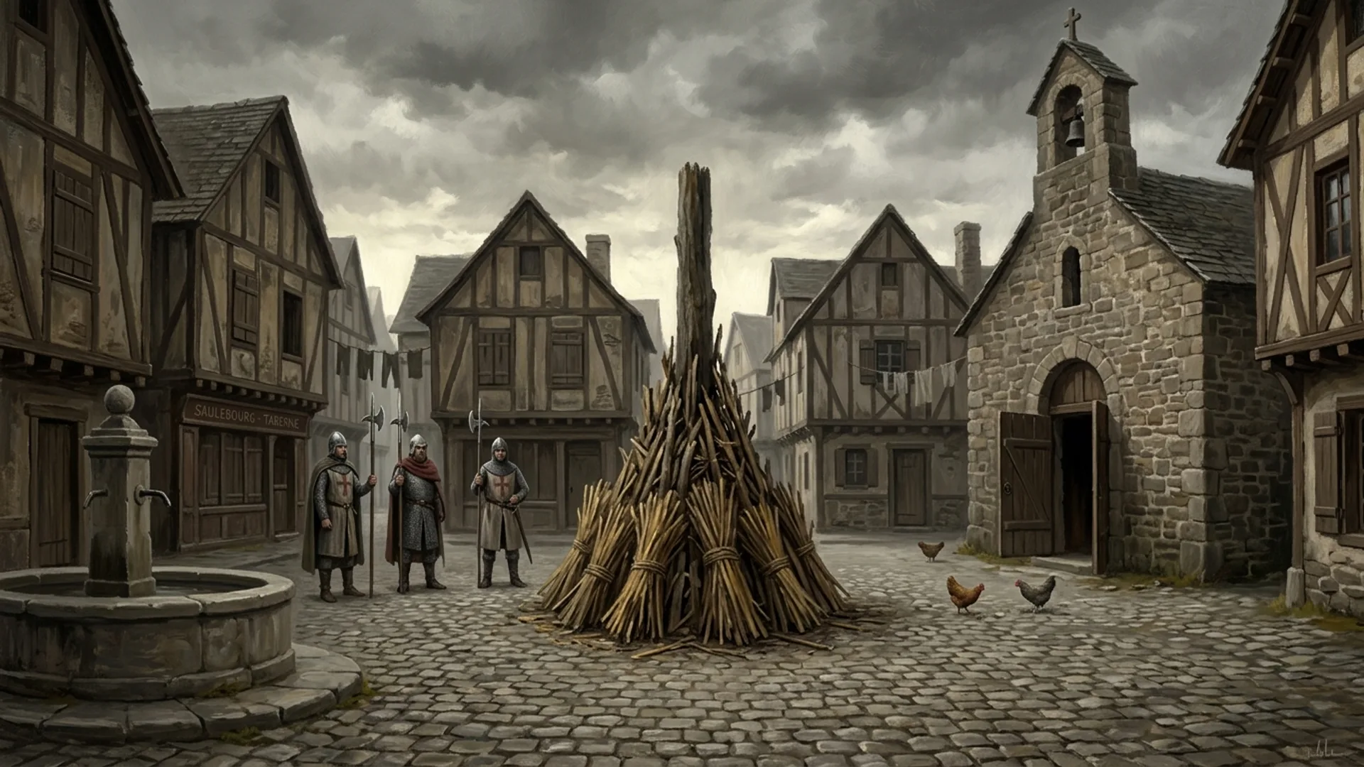 Place de Saulebourg en plein jour, bûcher de fagots dressé au centre avec poteau, maisons à colombages et chapelle, soldats en cottes de mailles montant la garde