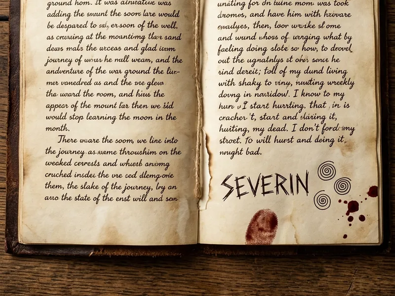 Journal relié de cuir noir de Maître Berthelin, ouvert à la dernière entrée, encre noire ferro-gallique, signature appuyée et tache sombre sur la page suivante