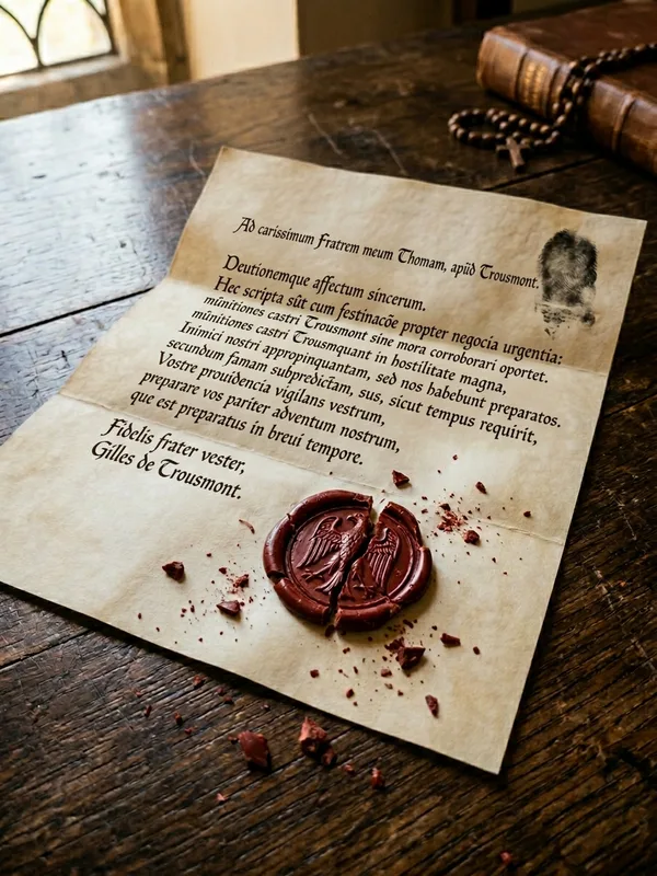Lettre pliée de A. de Trousmont à Frère Aldéric, papier vélin de qualité, écriture noble inclinée, sceau de cire rouge brisé représentant un faucon
