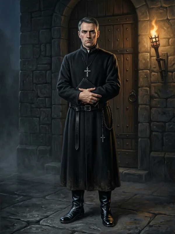 Frère Aldéric inquisiteur itinérant, robe noire sobre, mains croisées tenant un livre, regard glacé, bottes de cuir noir trop neuves
