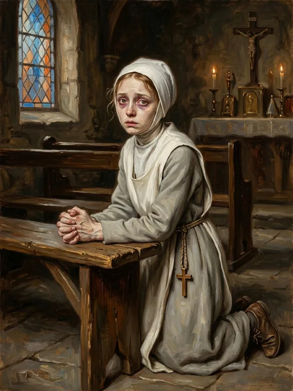 Sœur Bérengère novice de vingt ans, habit gris, mains tremblantes jointes sur un banc de chapelle, yeux noisette agrandis par la frayeur