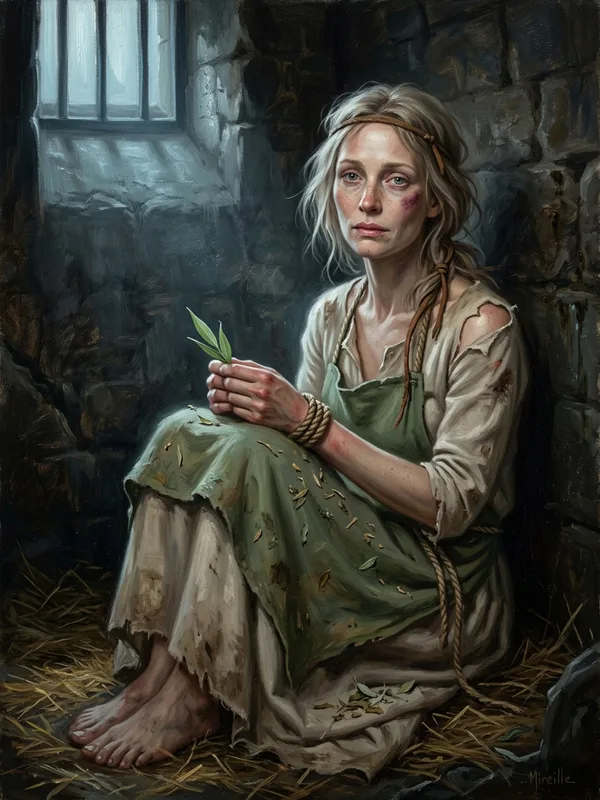 Mireille la guérisseuse mains liées, robe en lin écru déchirée, fragments de feuilles de saule sur le tablier, regard calme presque compassionnel