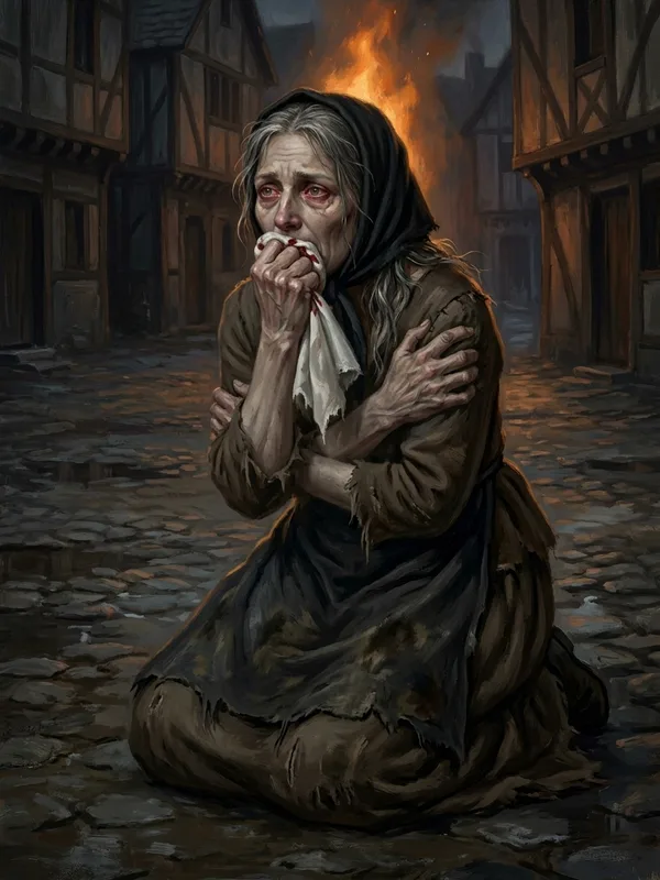 Mère Tassine à genoux dans la boue, foulard noir, linge blanc tâché de sang pressé contre la bouche, regard vide tourné vers le bûcher