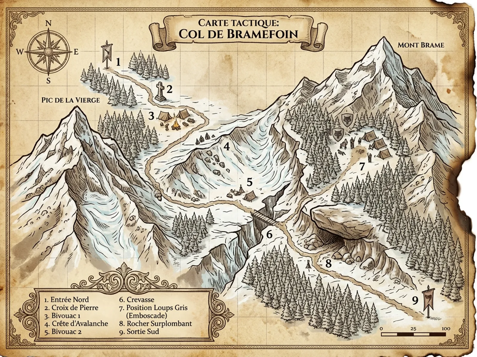 Carte isométrique du col de Bramefoin, parchemin avec relief, campement, position des Loups Gris en embuscade en arc de cercle, rocher en surplomb et avalanche provoquée
