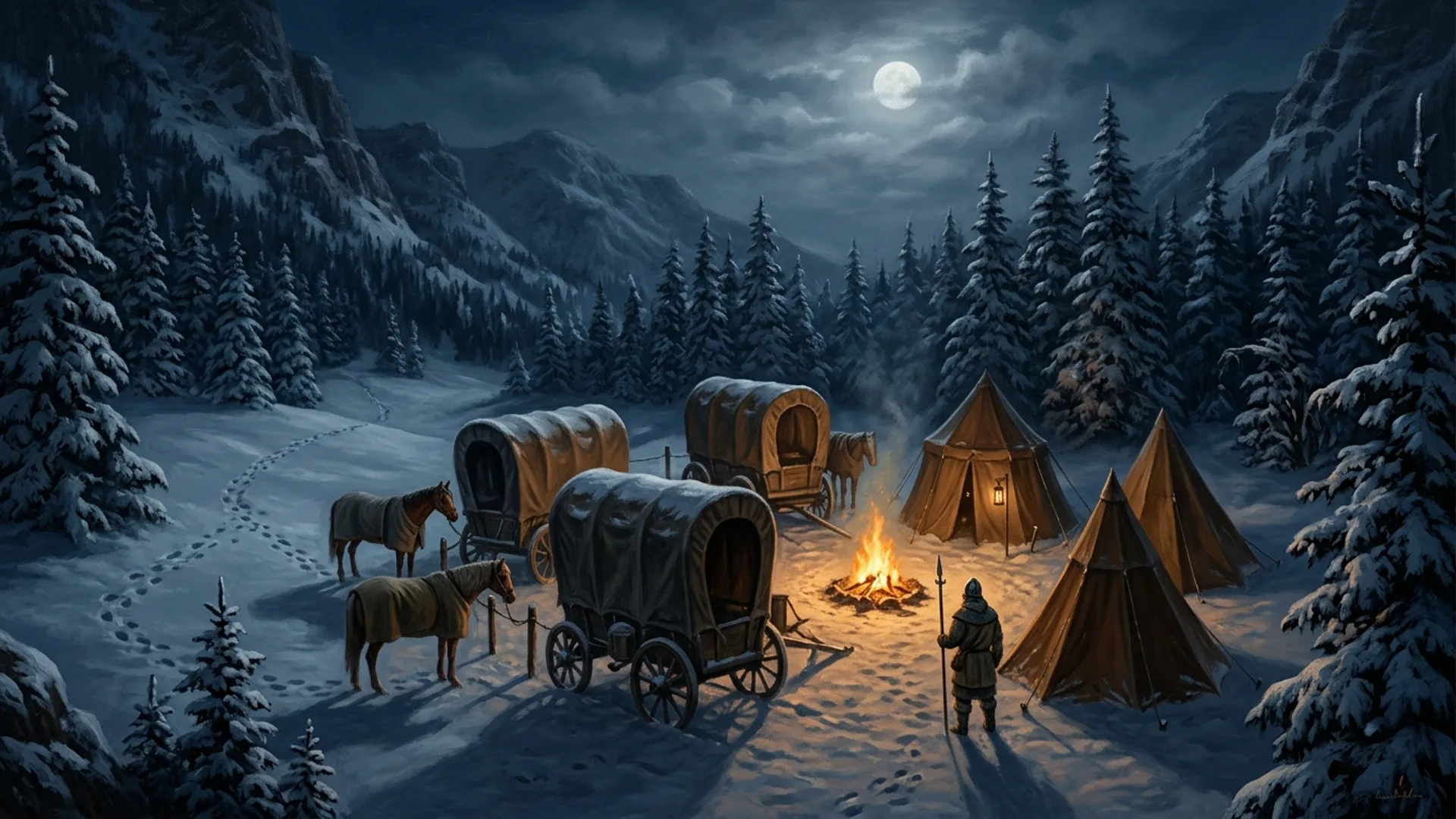 Campement nocturne en montagne enneigée, trois chariots disposés en triangle autour d'un feu de camp, tentes en toile cirée et chevaux attachés sous une pleine lune voilée