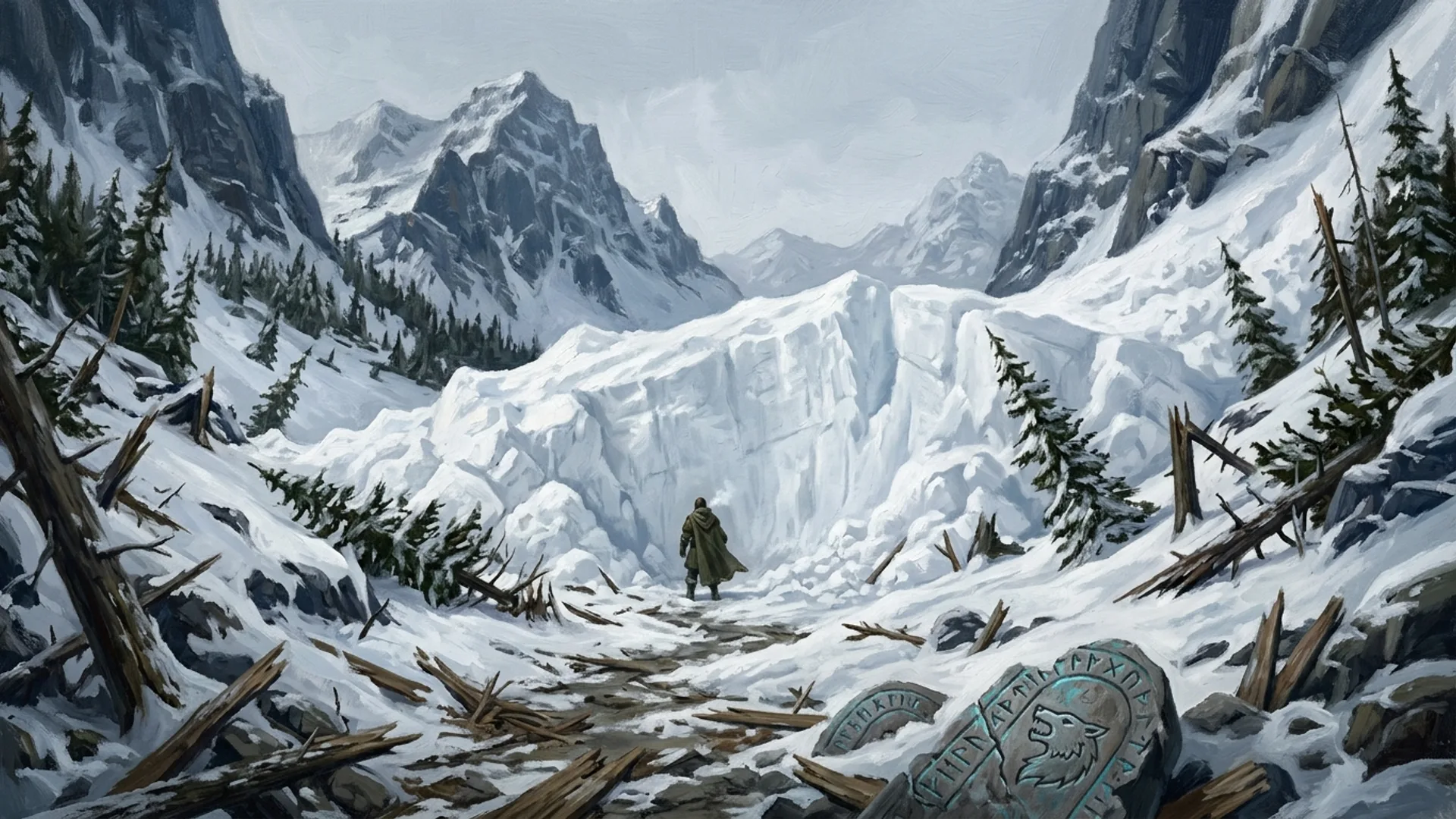 Col bouché par avalanche au matin, muraille de neige tassée de douze mètres, sapins pliés, fragments de tablette runique brisée parmi les éclats de bois