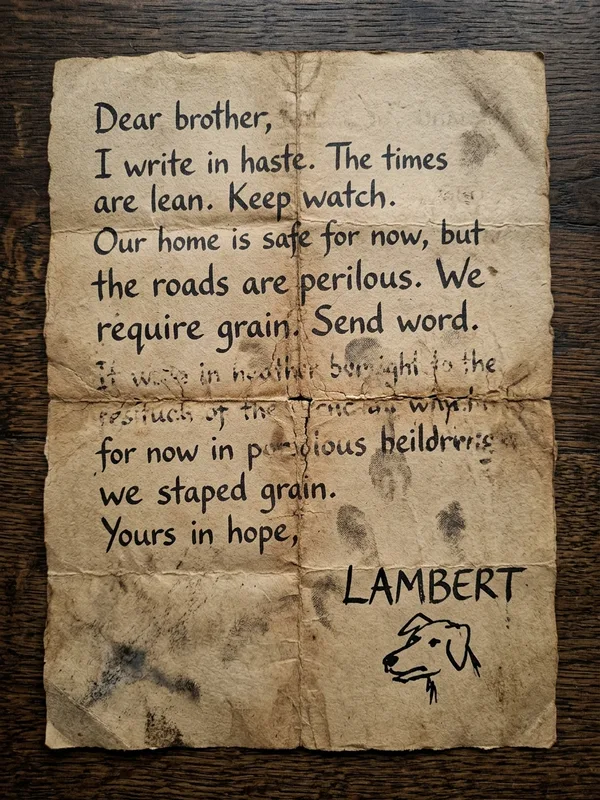 Lettre manuscrite de Lambert à son frère Galéas jamais envoyée, papier rugueux brun, écriture maladroite à la plume mal taillée, signature Lambert avec dessin grossier de tête de chien