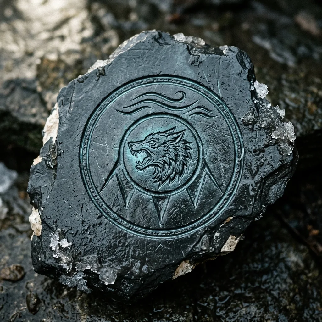 Fragment de tablette en pierre noire ardoise gravé d'une rune circulaire d'avalanche, sceau Loups Gris au centre, lueur cyan résiduelle