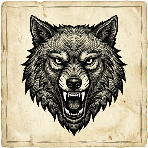 Tête de loup gris stylisée gueule ouverte, dessin héraldique à l'encre noire