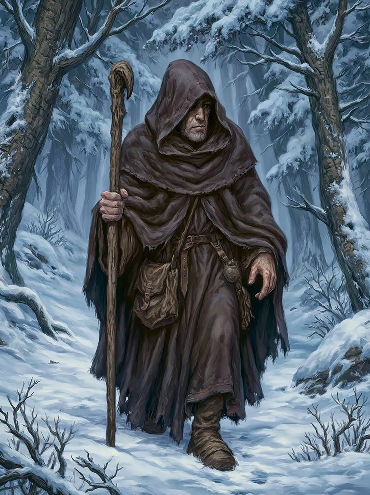 Frère Donnel faux pèlerin, robe brune coule rabattue dissimulant le haut du visage, mains soignées, parchemin caché sous la coule
