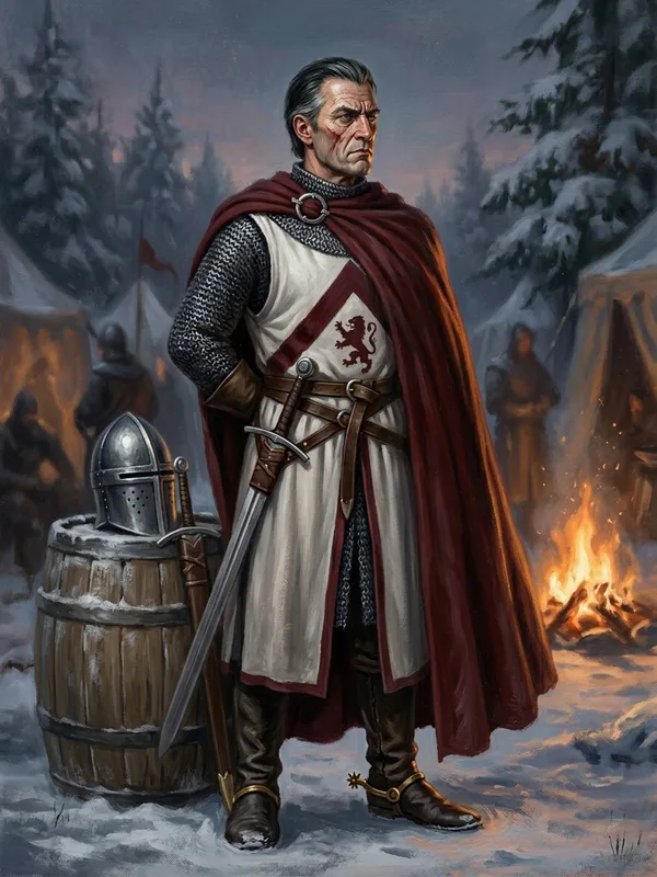 Sire Galéas chevalier banneret, haubert de mailles fines, surcot blanc à chevron rouge, cape rouge sombre, cicatrice barrant la joue gauche