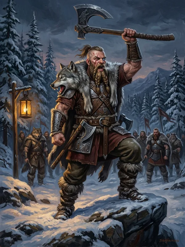 Capitaine Sigwald chef Loups Gris, manteau en fourrure de loup gris formant capuchon, hache à deux mains levée, œil aveugle blanc et œil bleu acier