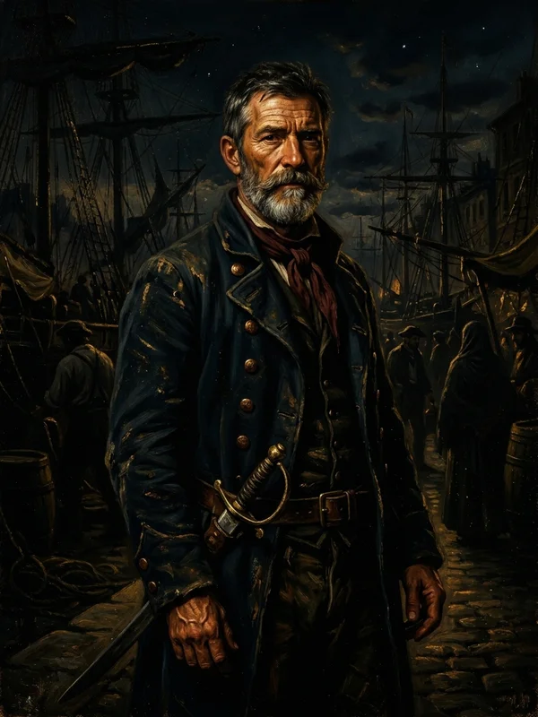 Sergent Honoré Brassac, ancien second maître canonnier, redingote bleue marine, gilet plastronné, lunette de marine au cou, sabre court de marine au baudrier