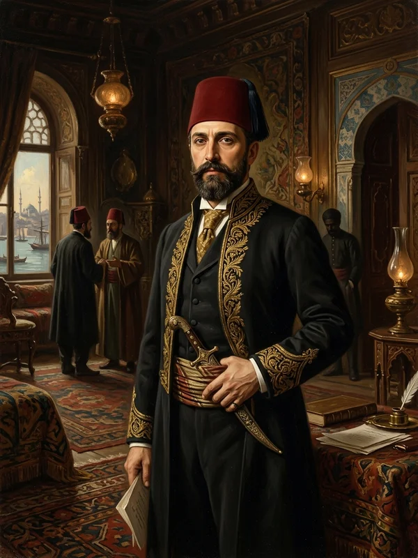 Redjeb-bey attaché commercial ottoman quarante-quatre ans, fez vert sombre cerclé d'un fil d'or, redingote orientale brodée de fil d'argent sur fond bleu marine, barbe taillée court, regard sombre fatigué, doigts longs ornés d'une bague à sceau, posture droite mais épaules tendues, fond de tapis turc rouge bordeaux et samovar de cuivre, expression de joueur cultivé conscient d'avoir trop misé