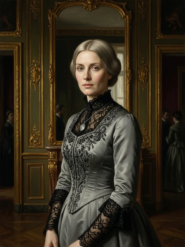 Madame Célestine d'Albaron quarante et un ans, robe de velours bleu nuit à passements argent, cheveux châtain foncé relevés en chignon haut maintenu par deux peignes d'argent, visage fin marqué par vingt ans de mensonge, yeux verts las, bijou de cou en perle de Tahiti unique, fond de boudoir aux boiseries grises et tenture pêche, posture droite mais épaules tendues, expression de lassitude lucide et de courage tardif