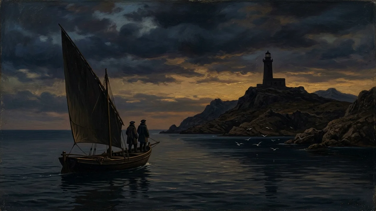 Barque à voile latine quittant le port de la Joliette à Marseille matinée de mars 1844, eau verte translucide du Vieux-Port à l'horizon, brume légère se dissipant sur la mer plate, voile triangulaire claire claquant dans une brise d'est, quatre passagers en redingote bombée par le vent, pêcheur cinquantenaire à la barre en marinière rayée bleue et casquette de toile, mouettes basses, silhouette du Château d'If se découpant en silhouette grise au loin sur l'horizon