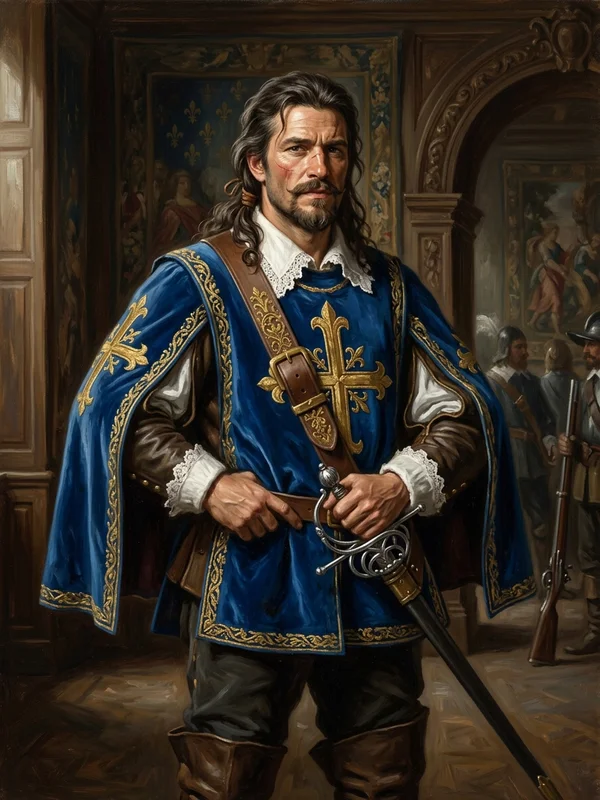 Athos, mousquetaire mature, regard sombre, pourpoint bleu et plastron sous la cape