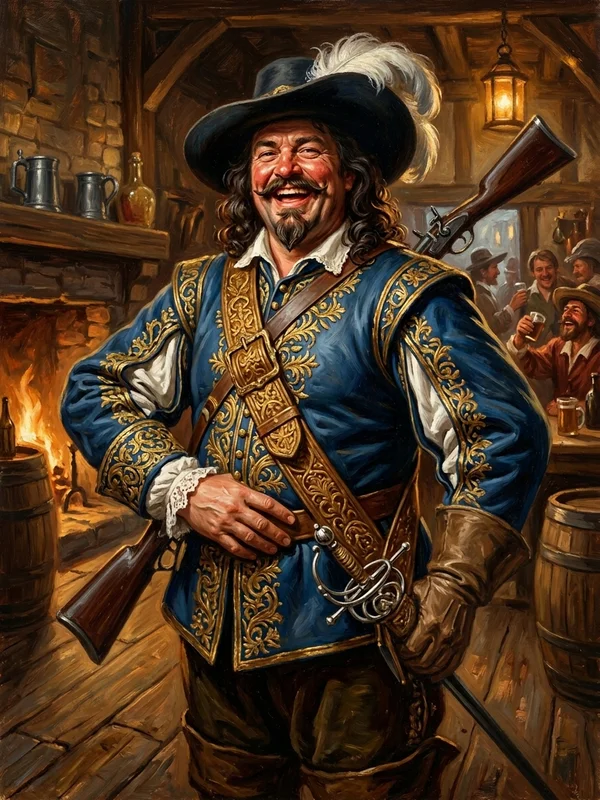 Porthos, mousquetaire imposant, baudrier doré, mousquet sur l'épaule, sourire fendu