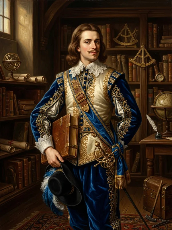Aramis, mousquetaire élégant, croix d'argent, dague d'apparat, regard mélancolique