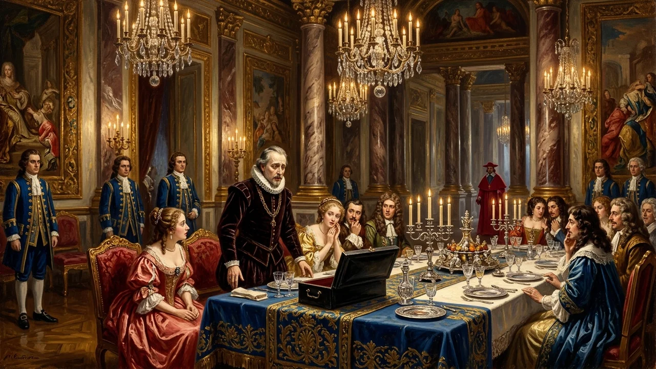 Salle des banquets du Louvre la nuit du dîner toscan, coffret de cuir noir vide près du verre de l'ambassadeur