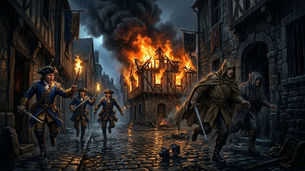 Maison de l'alchimiste Vincenzo Pazzi en flammes rue de la Mortellerie, fumée noire et fuyards