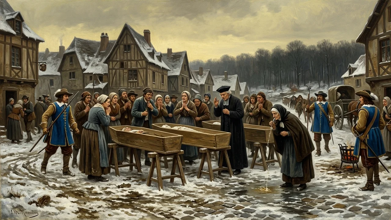Trois cercueils ouverts sur la place de Joinville-le-Pont au bord de la Marne en hiver