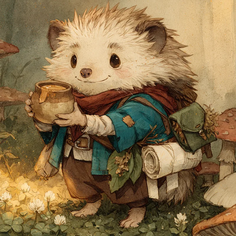 Brindille le jeune hérisson apprenti guérisseur, pot de miel et sachet d'herbes médicinales