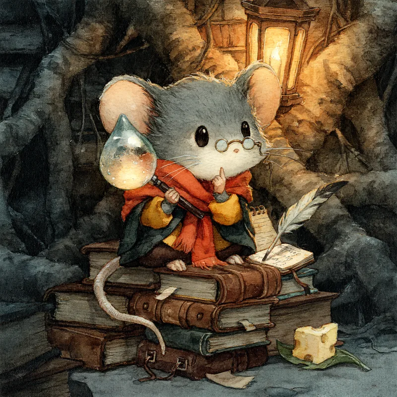 Mirabelle la petite souris grise, gardienne de la bibliothèque des Racines, avec sa loupe en goutte d'eau