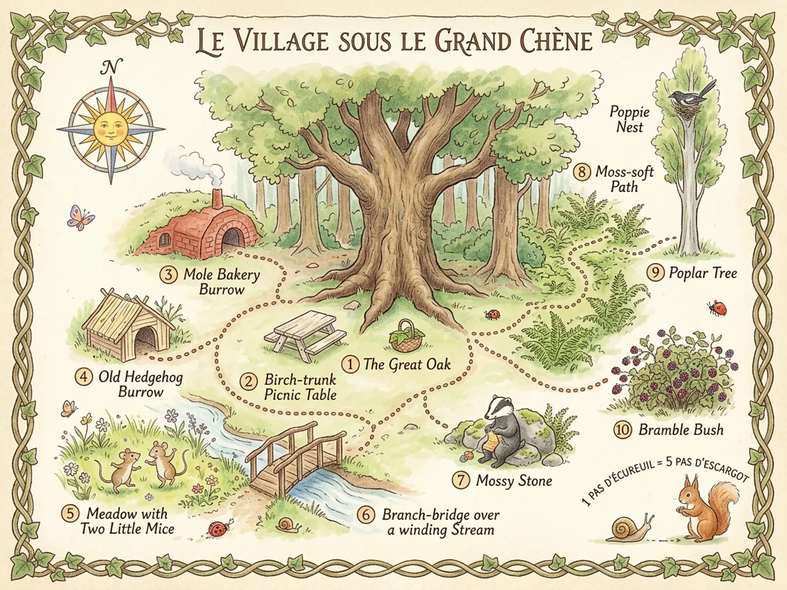 Carte aquarelle du village sous le Grand Chêne et ses environs : terriers, Pont-Branche, peuplier de Pattepie