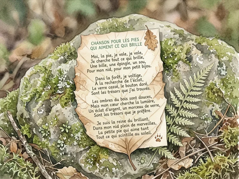 Parchemin en feuille de hêtre avec la chanson pour Pattepie écrite à l'encre verte