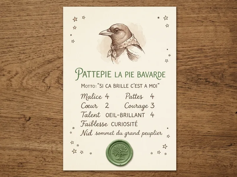 Carte de la pie Pattepie avec ses traits et son talent Œil-Brillant