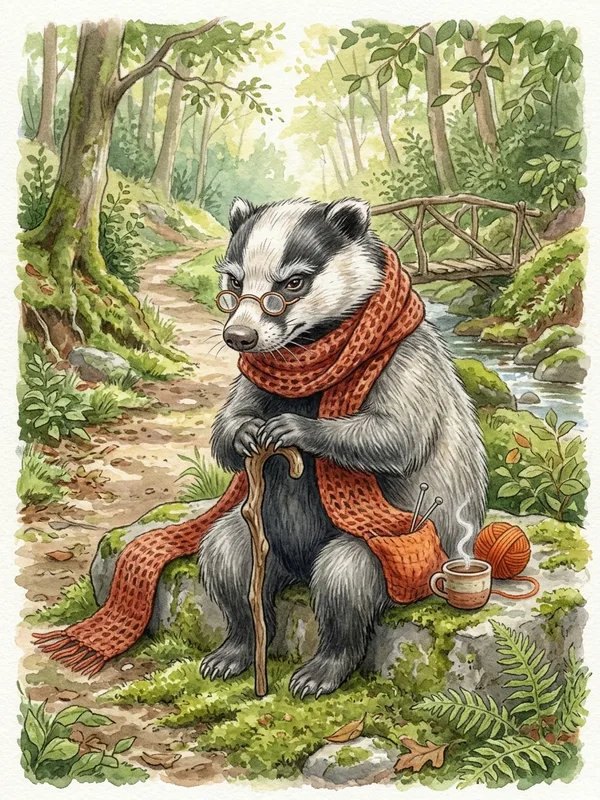 Monsieur Grognon le vieux blaireau, lunettes rondes en cuivre, écharpe rouge brique tricotée, canne en noisetier
